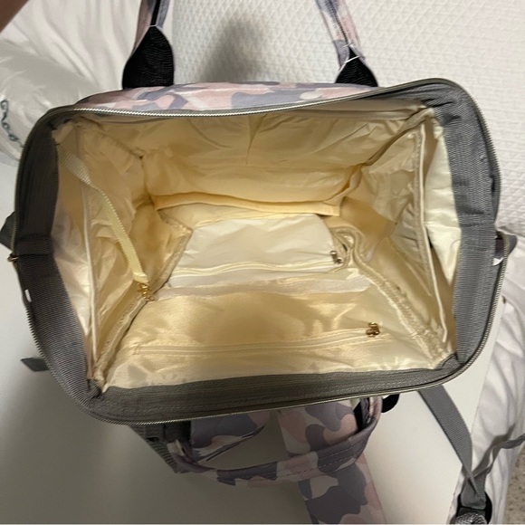 Shiada brand diaper bag backpack with a camouflage pattern in grey, pink, &white - Picture 10 of 15